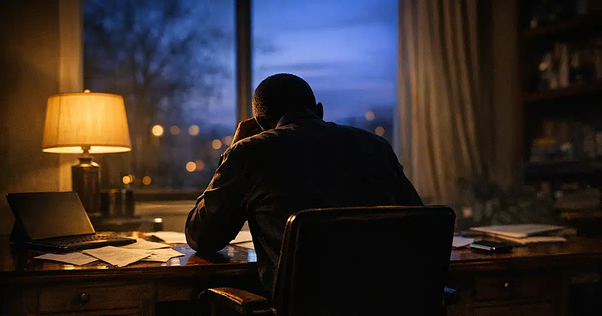 Silhouetted figure alone at desk in dimly lit home office at dusk with scattered papers