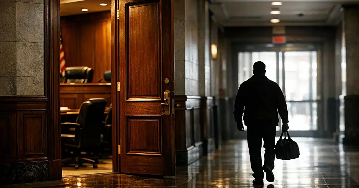 Silhouetted figure walking away from open courtroom door toward bright courthouse exit in federal building hallway
