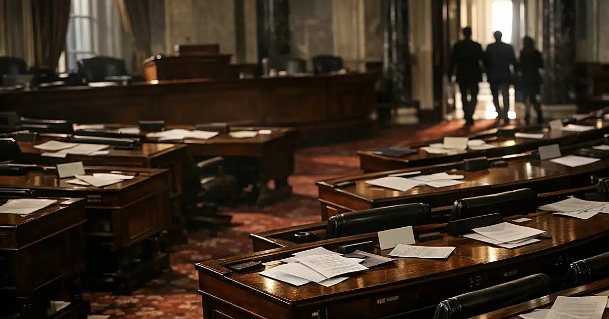 Empty Senate chamber floor with scattered papers on desks after a legislative vote, silhouettes exiting in background