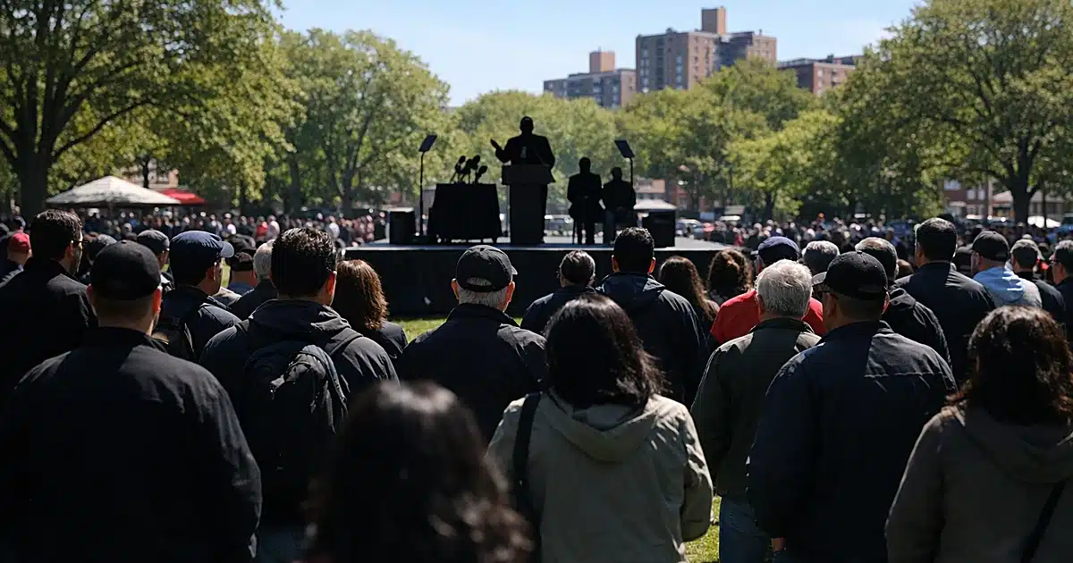 Crowd of silhouetted figures gathered at outdoor park rally in Queens with speaking platform and trees in background