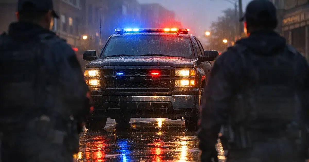 Federal law enforcement vehicle with emergency lights on wet Chicago street at dusk during operation