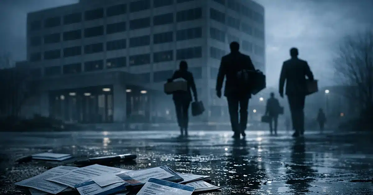 Silhouetted figures walking away from dark office building with scattered insurance documents on ground