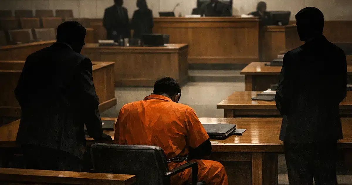 Courtroom scene showing figure in orange jumpsuit from behind at defense table with attorney silhouettes nearby