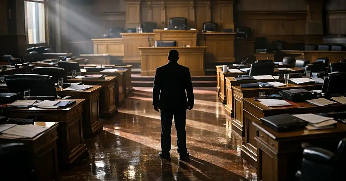 Silhouetted figure stands alone in empty state legislative chamber with scattered papers on desks