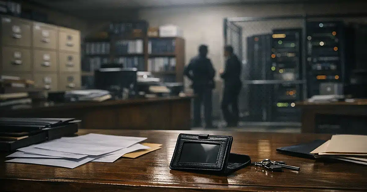 Empty county clerk office desk with open security badge holder and scattered documents at dusk
