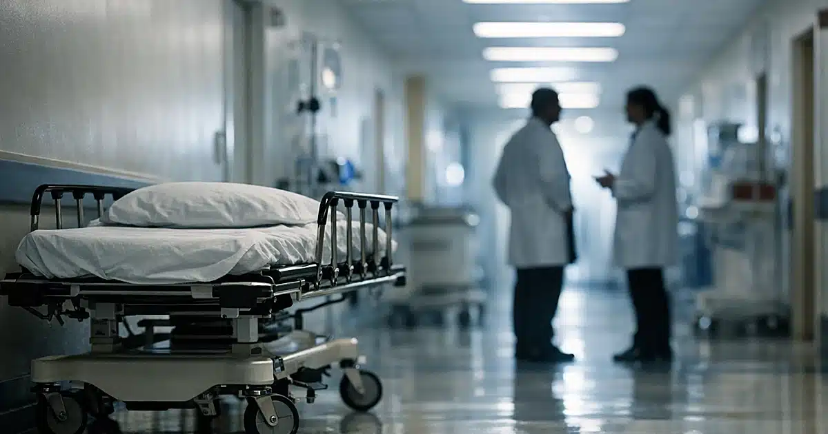 Hospital corridor with medical gurney and silhouetted figures in white coats under fluorescent lighting
