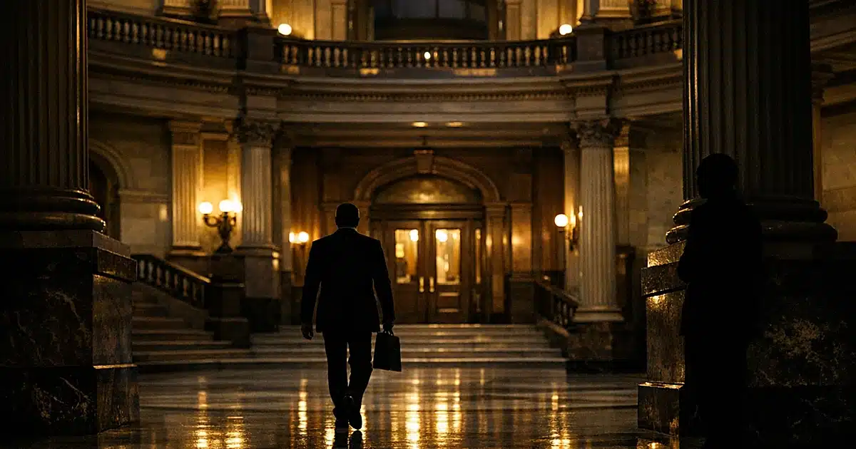Silhouetted figures in state capitol rotunda with dramatic shadows across marble floor at dusk