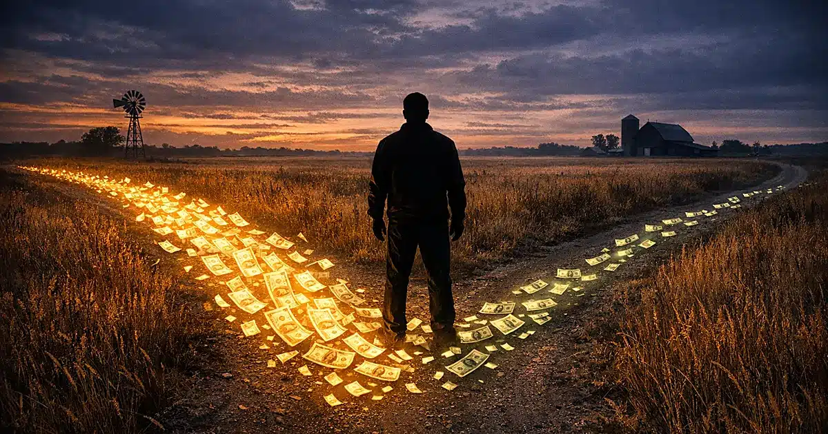 Silhouette at crossroads with streams of glowing money flowing from different directions across prairie landscape