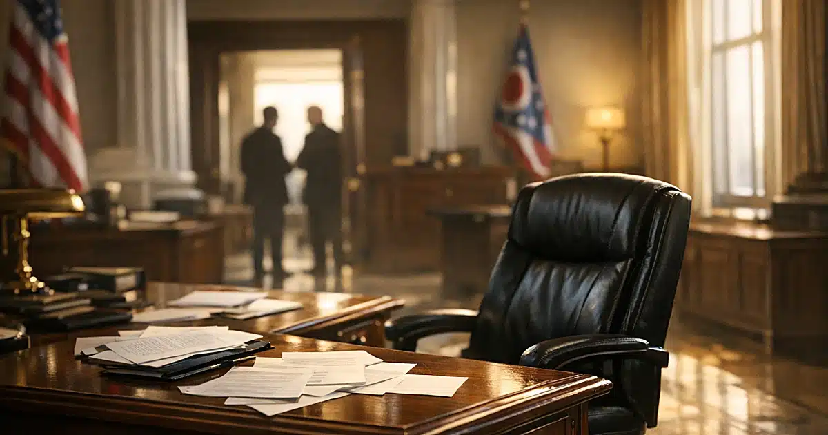 Empty government office with pushed-back chair and scattered papers on desk, afternoon light through windows
