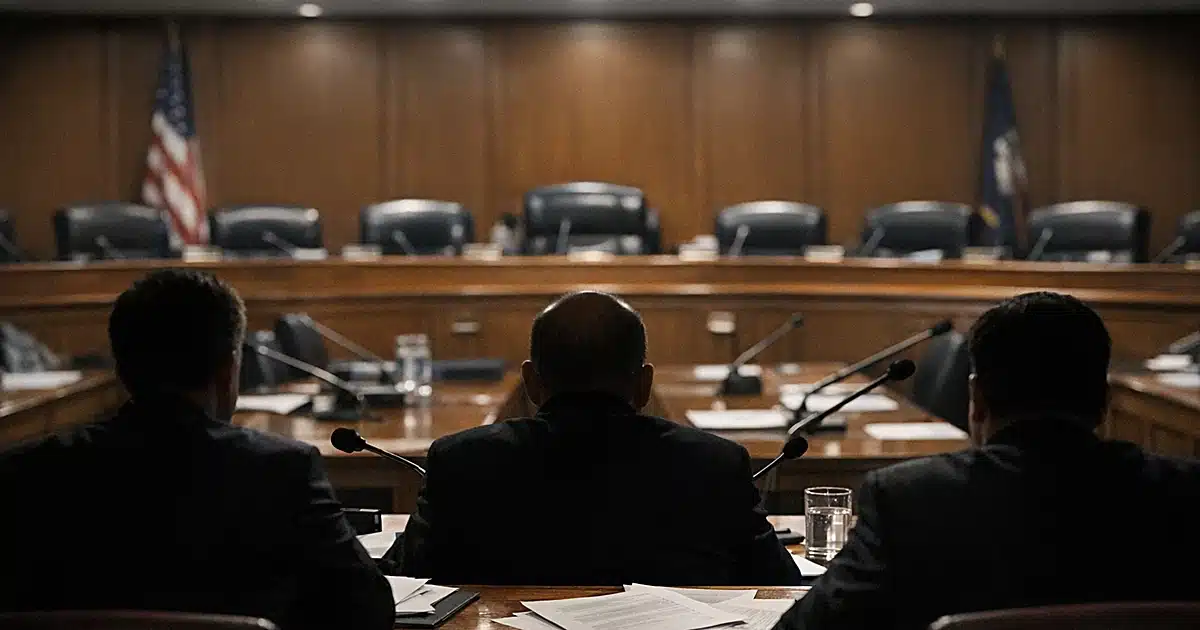 Congressional hearing room with empty dais, microphones, and silhouetted figures seated at witness table