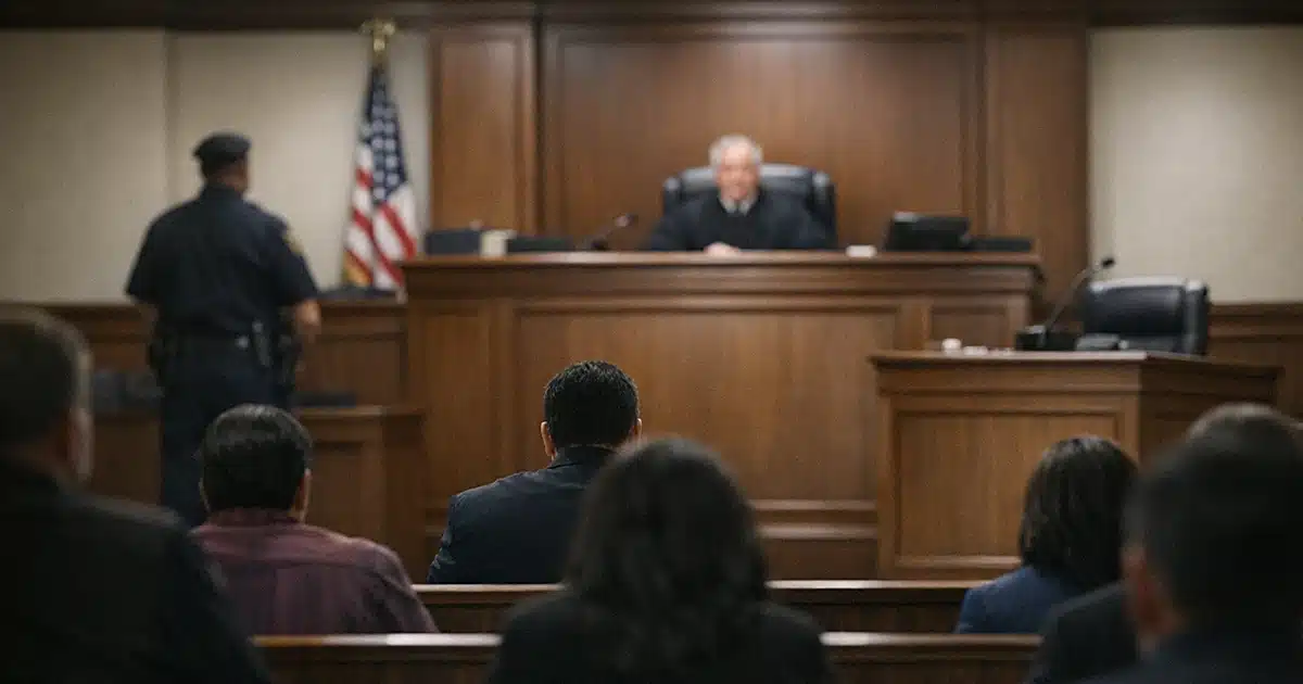 Interior of a county courtroom with judge's bench, witness stand, and silhouetted figures in gallery seating