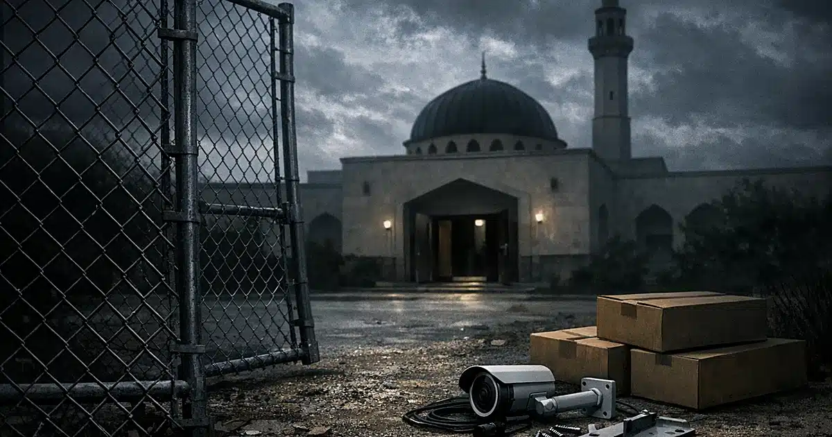 Mosque with open doors and uninstalled security equipment lying on ground beside fence, under dark cloudy sky