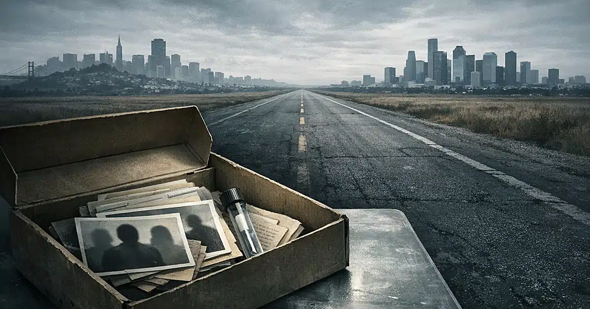 Two distant city skylines connected by empty highway with forensic evidence box containing DNA sample in foreground
