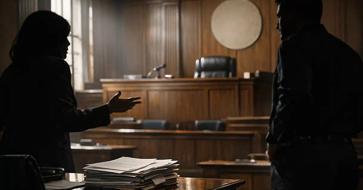 Federal courtroom interior with silhouetted figures in discussion near judge's bench and legal documents on table