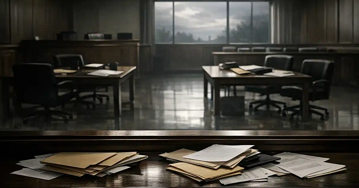 Empty courtroom with scattered legal documents on tables, viewed from behind the bench in harsh institutional lighting