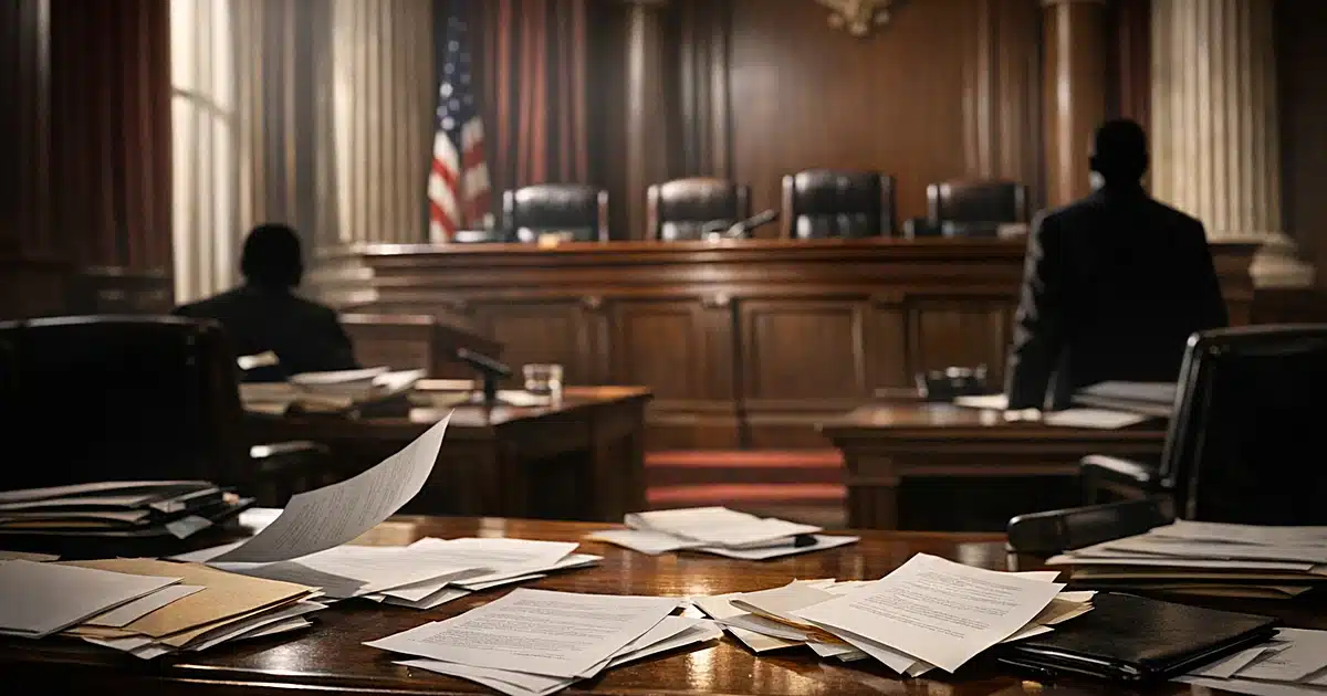 Interior of empty courtroom with scattered legal documents on counsel tables and imposing judicial bench