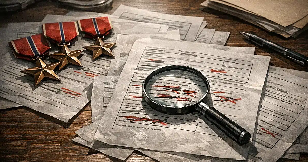 Military documents and bronze medals scattered on desk under harsh lighting with magnifying glass examining papers