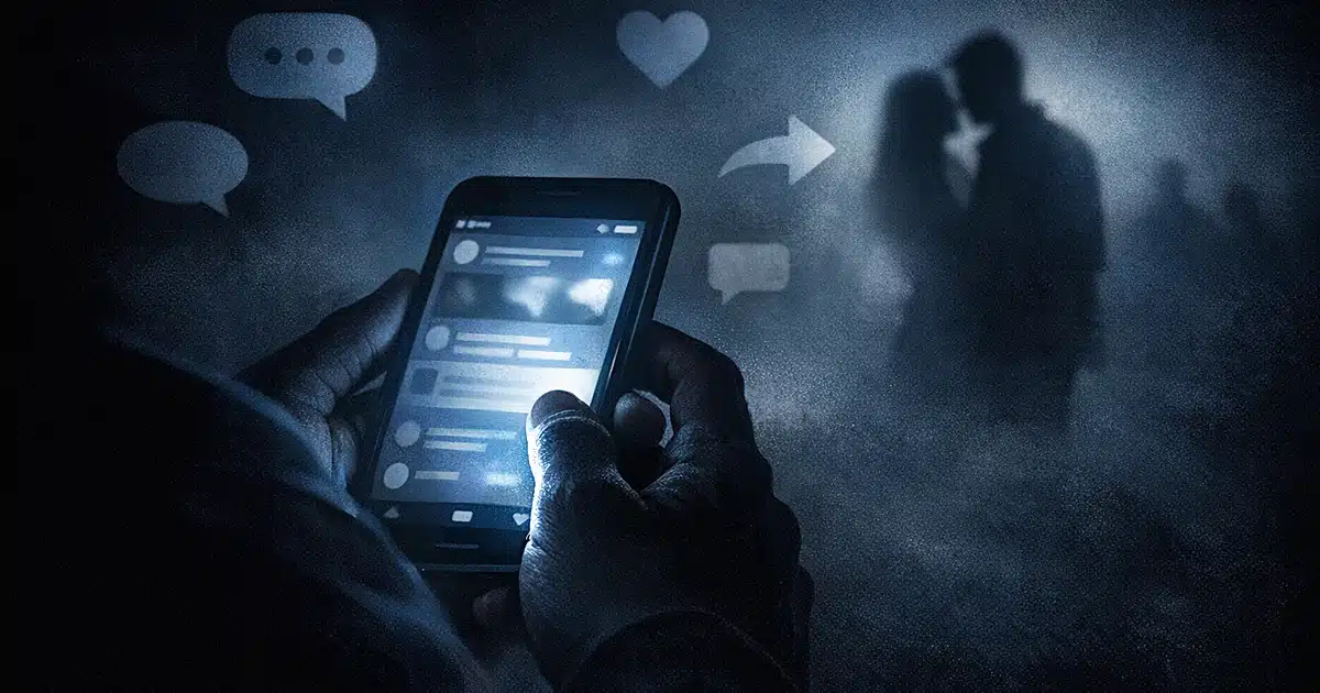 Hands holding glowing smartphone in darkness with floating social media icons creating dramatic shadows