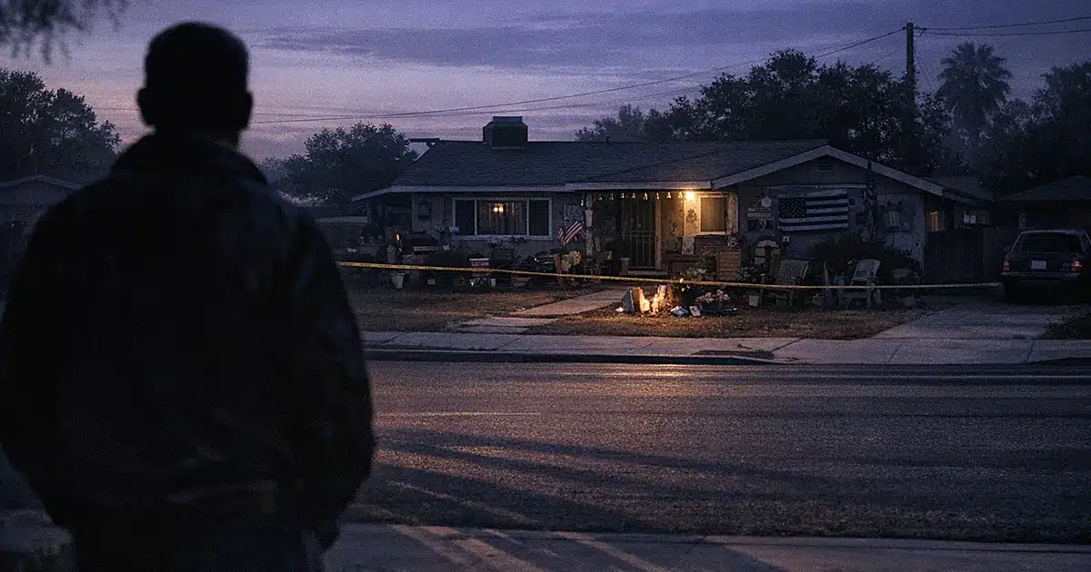 Suburban house at dusk with decorated exterior, viewed from across empty street with silhouetted figure