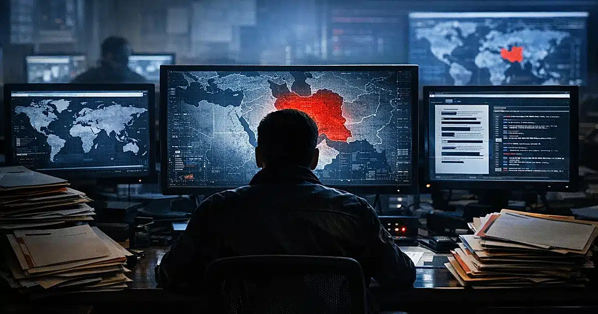 Intelligence operations room with silhouetted figure at computer workstation surrounded by classified documents