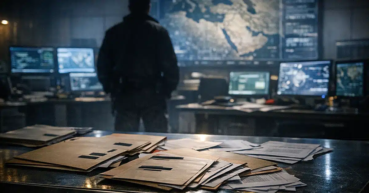 Intelligence operations room with glowing monitors and classified documents on briefing table