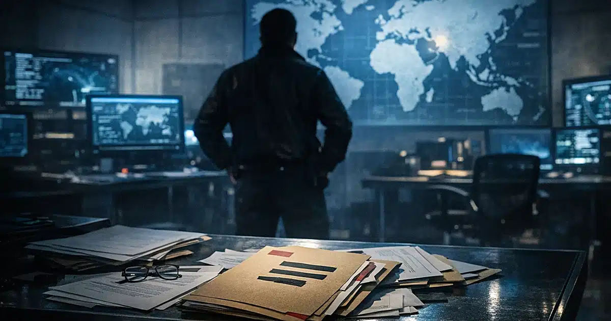 Intelligence operations room with glowing monitors and classified documents, silhouetted analyst facing world map
