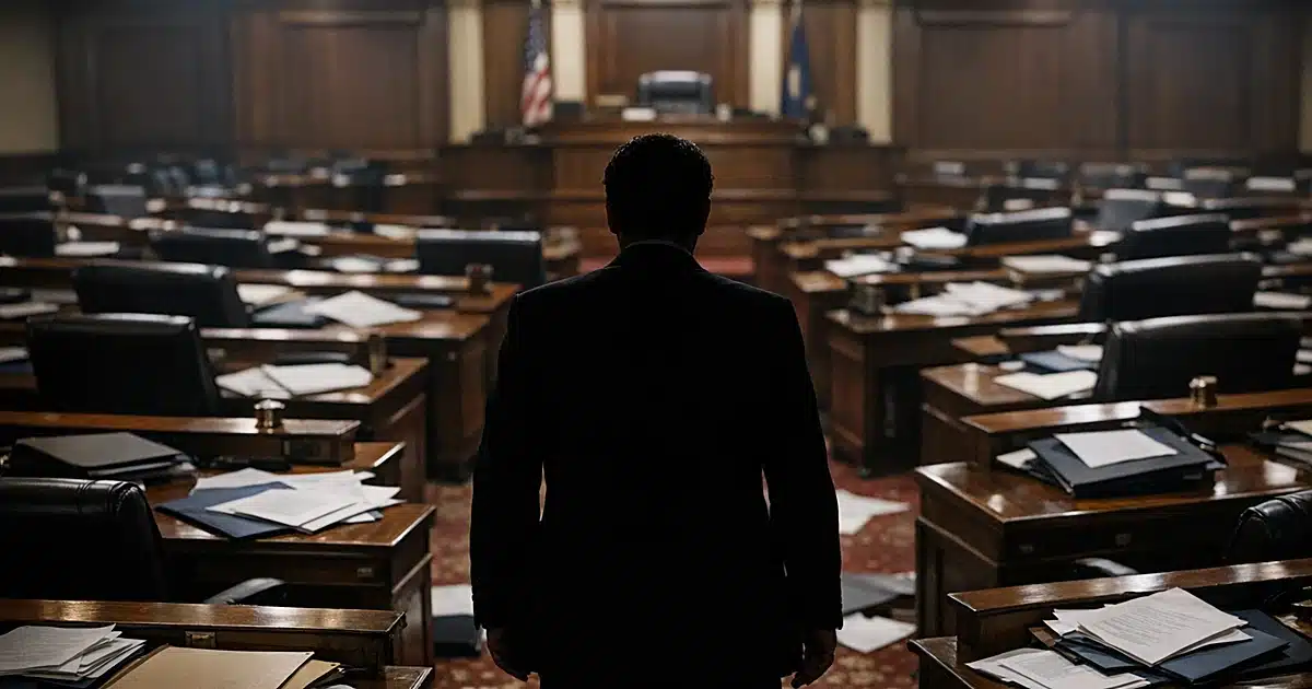 Empty state legislative chamber with scattered documents and silhouetted figure viewed from behind