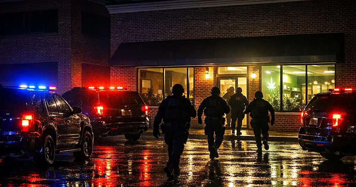 Federal law enforcement vehicles with flashing lights parked outside office building and dispensary at night