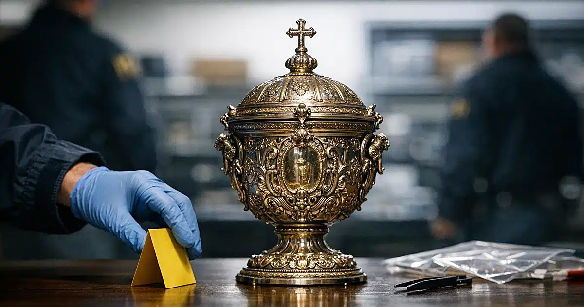 Ornate silver reliquary urn on evidence table with gloved hand placing marker beside it in FBI processing room