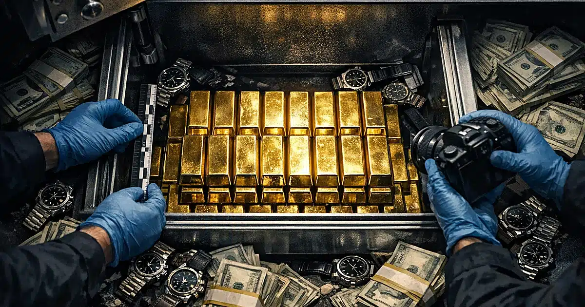 Overhead view of gold bars, luxury watches, and cash bundles being documented by gloved hands during evidence collection