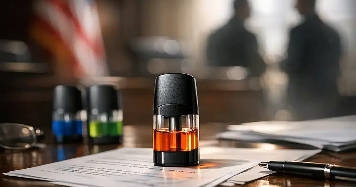 Fruit-flavored vape pod on FDA desk with authorization documents in background
