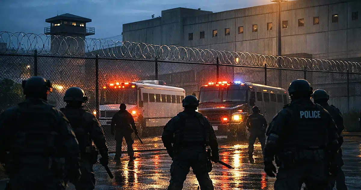Federal detention facility exterior with security fencing and emergency vehicles with flashing lights at dusk