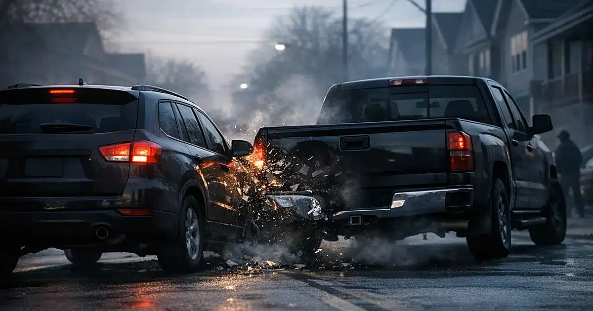 SUV colliding with pickup truck on residential street with distant silhouettes of people during early morning