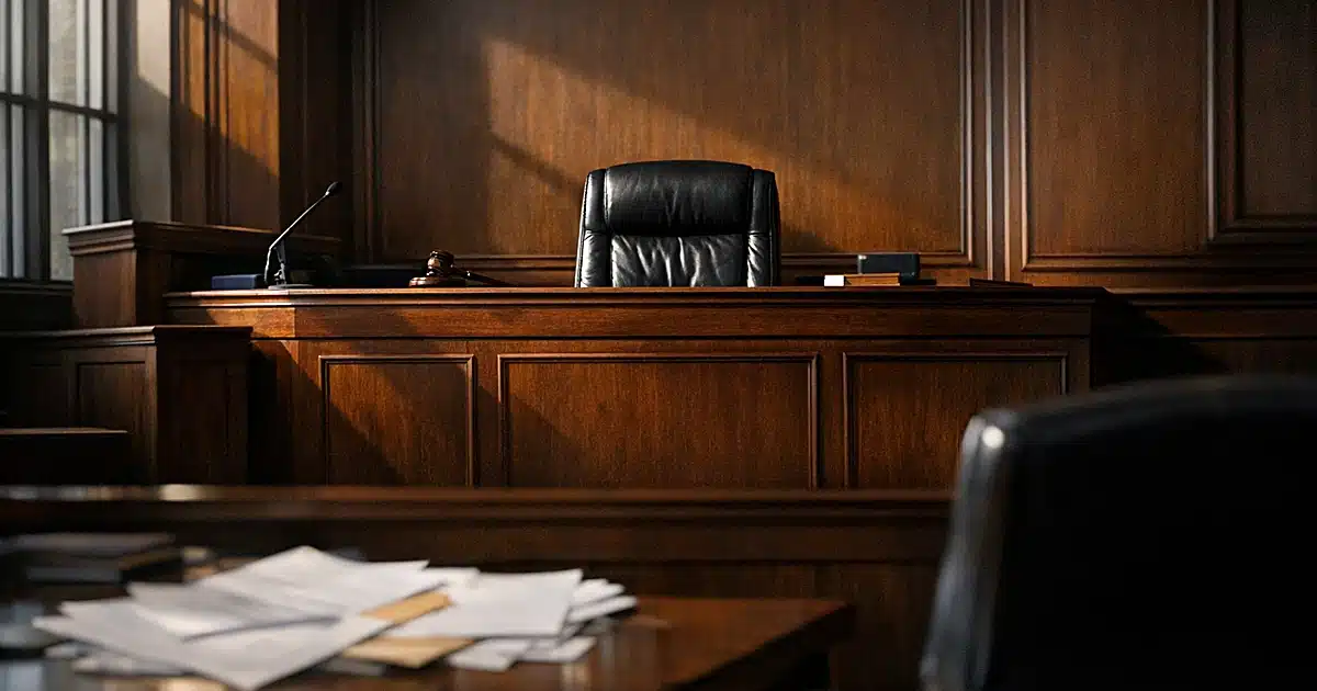 Empty federal courtroom with judge's bench and scattered papers on defense table in dramatic window lighting