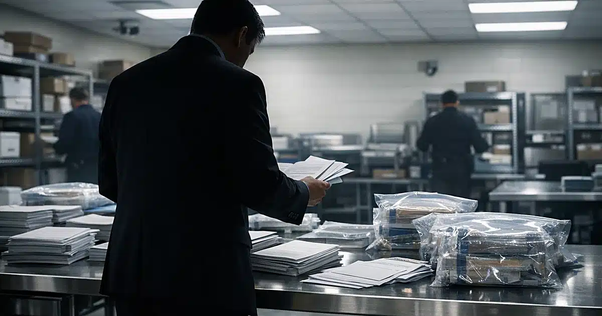 Federal evidence room with silhouetted official examining stacks of documents on examination table