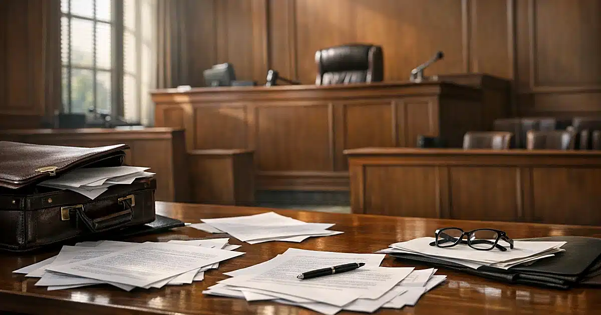 Empty federal courtroom interior with judge's bench, witness stand, and scattered legal documents on defense table