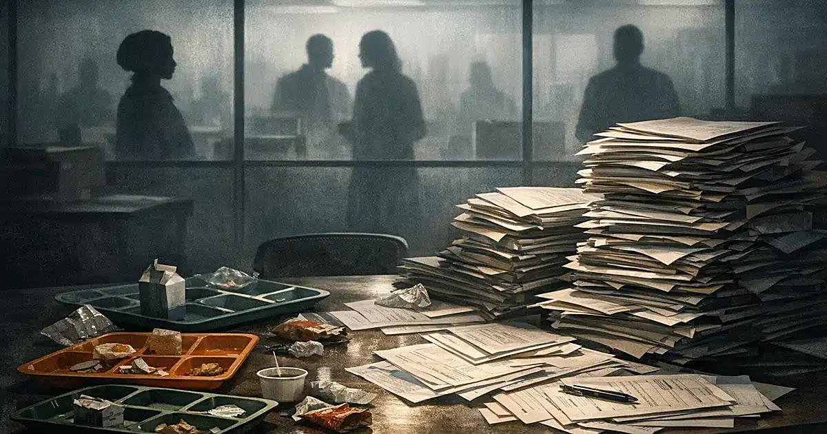 Empty meal trays and stacked documents on table with silhouetted figures behind frosted glass partitions