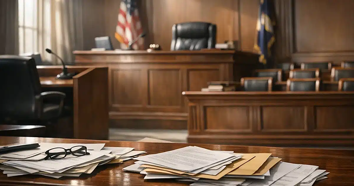 Empty federal courtroom with judge's bench, scattered legal documents on table, and dramatic window lighting