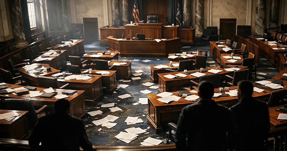 Empty legislative chamber with scattered papers on desks, dramatic side lighting creating shadows across the floor