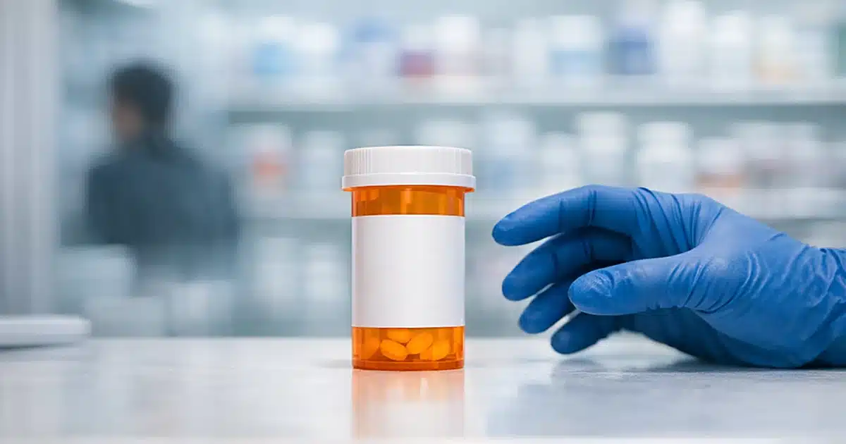 Prescription pill bottle on pharmacy counter with gloved hand reaching toward it in clinical setting