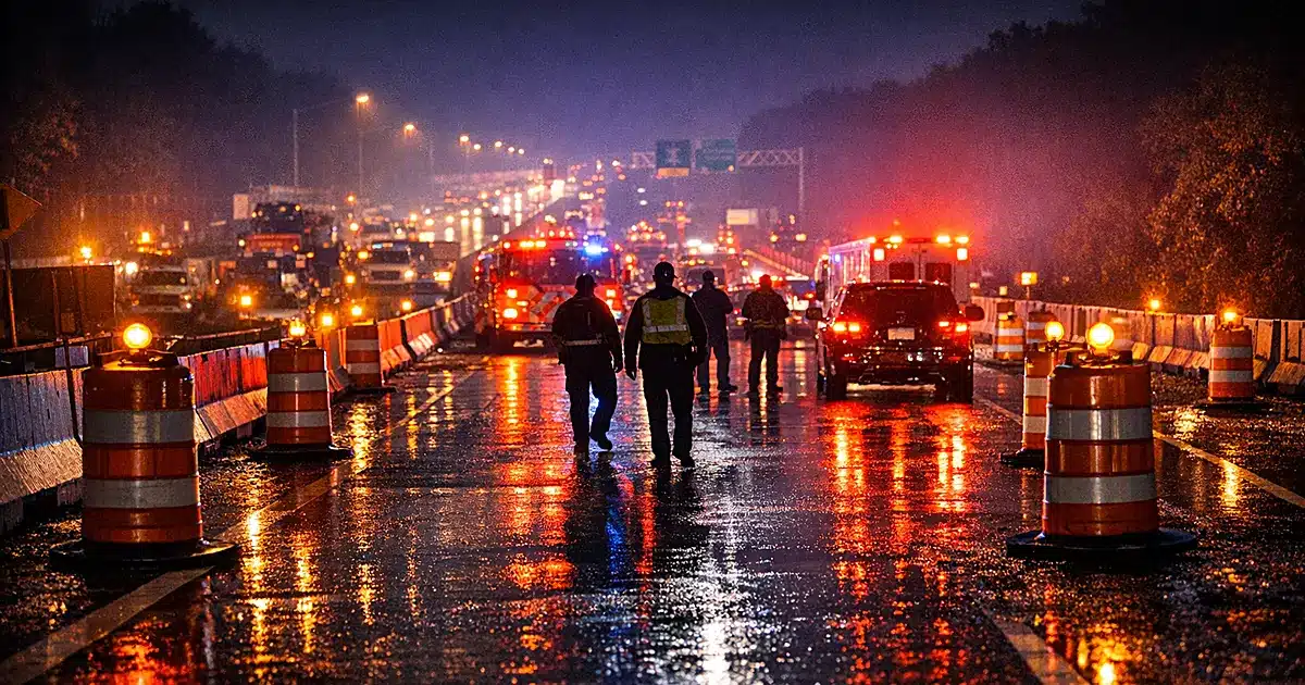 Interstate highway work zone at night with orange barriers and emergency vehicle lights reflecting on wet pavement