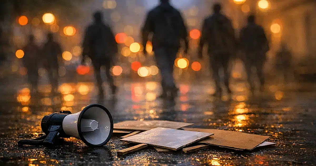 Abandoned bullhorn on wet pavement with scattered protest materials at dusk
