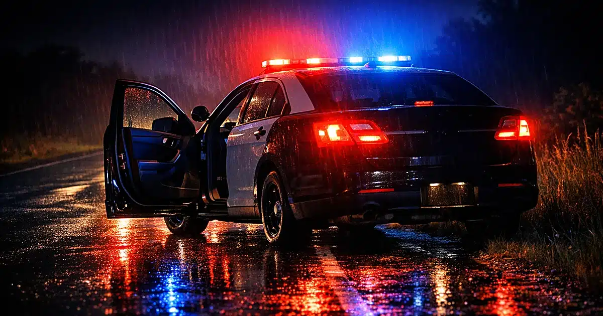 Police patrol car with emergency lights flashing on dark rural roadside at night with driver door open