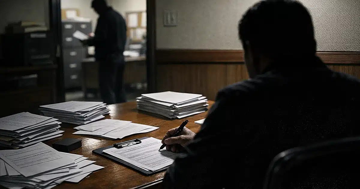 Silhouetted figure completing voter registration paperwork at desk in government processing room