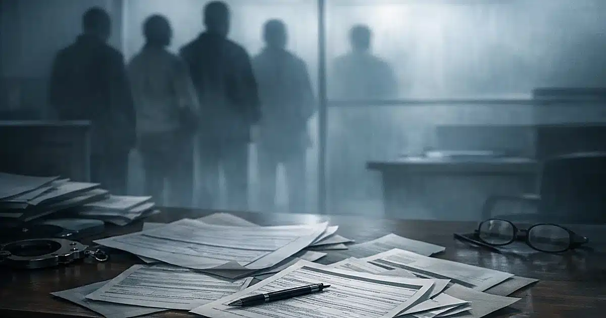 Silhouetted figures in queue at government office with citizenship forms and documents on desk in foreground