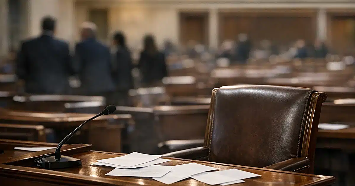 Empty congressional seat with scattered papers in House chamber with silhouetted figures in background
