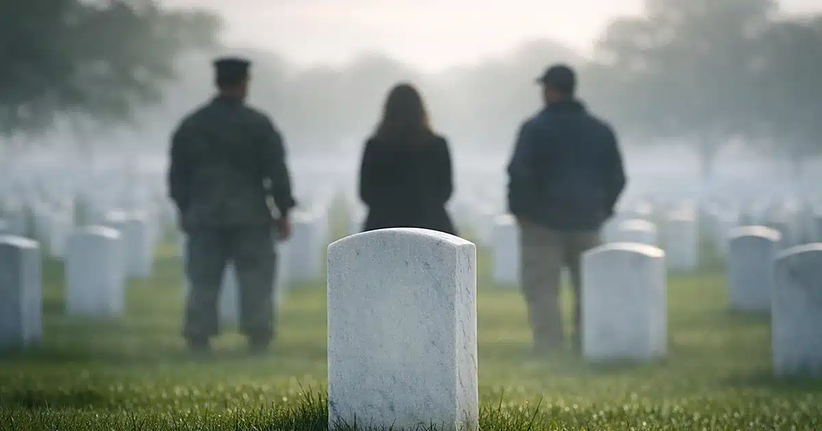 White marble headstone in focus with rows of graves blurred in background at Arlington National Cemetery