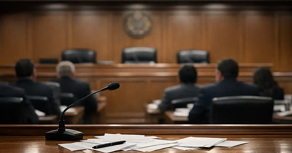 Congressional hearing room with witness table, microphone, and silhouetted figures facing empty bench