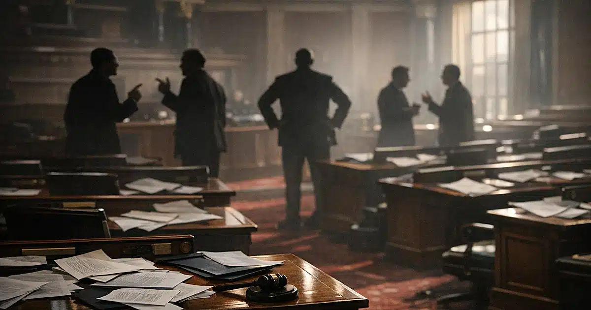 Empty legislative chamber with scattered papers and silhouetted figures in tense discussion