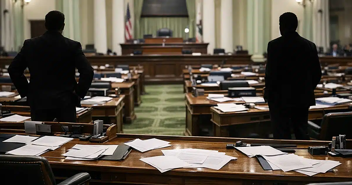 Empty legislative chamber with scattered papers and two silhouetted figures at opposite ends